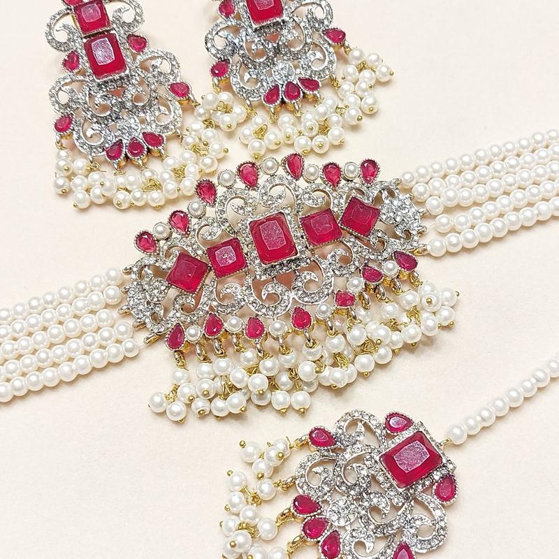 Zircon Choker Set with Real Stone MJB 045 - Bridal Set with Earrings,Tikka, and Pearls Bandhai Necklace 1