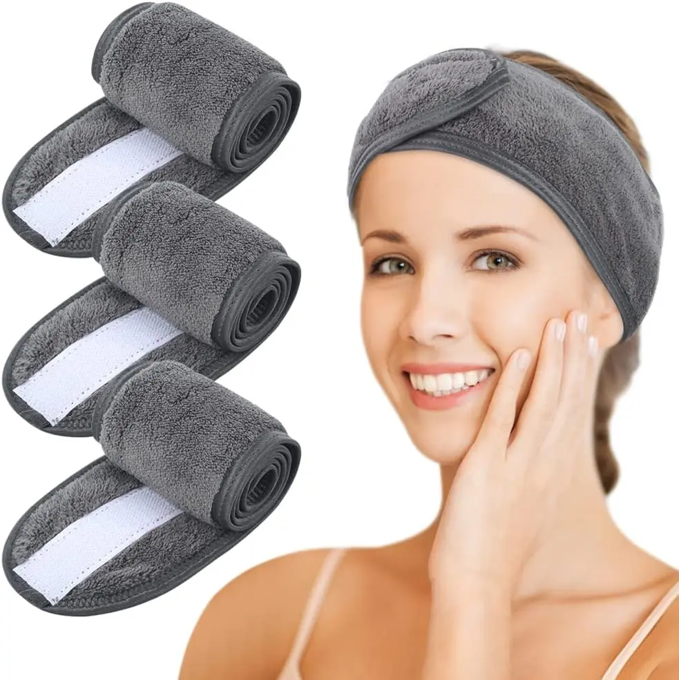 3 Pack Spa Facial Headband Makeup Hair Band Women Skincare Adjustable Microfibre Headband for Washing Face Sports Yoga Grey