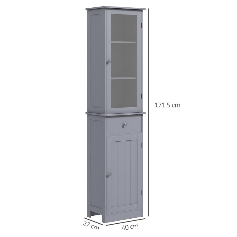 kleankin Bathroom Storage Cabinet with 3-tier Shelf Drawer Door, Floor Cabinet Free Standing Tall Slim Side Organizer Shelves, Grey 2