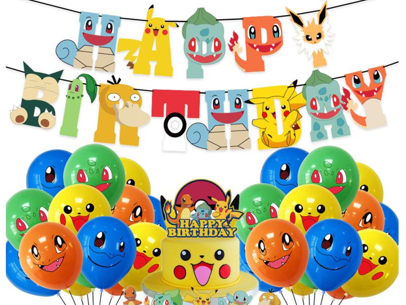 Pokemon Birthday Banners, Anime Cartoon Squirrel Pikachu Happy Birthday Letter Banner Outdoor, Pokemon Balloons 0