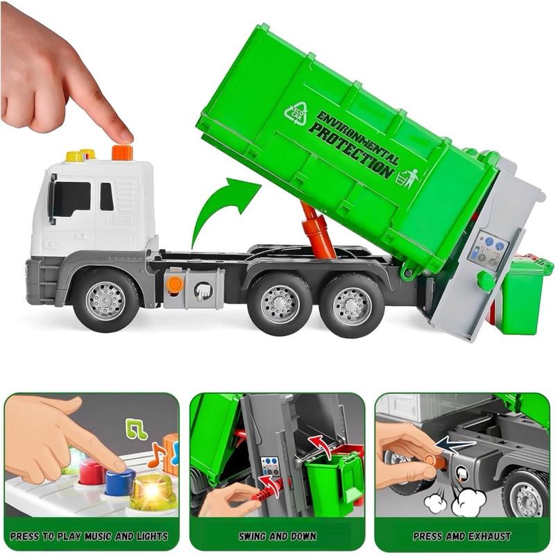Friction Powered Waste Management Recycling Garbage Truck Toy with Trash Cans, Light & Sound - Educational Birthday Gift for Kids and Toddlers 3