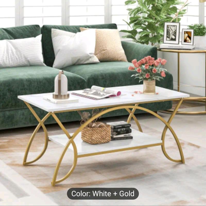Modern Faux Marble Coffee Table, 2-Tier Rectangular Accent Table with Gold Finished Metal Frame, Chic Cocktail Table with Storage Shelf, Snack End Table for Living Room & Lounge 7