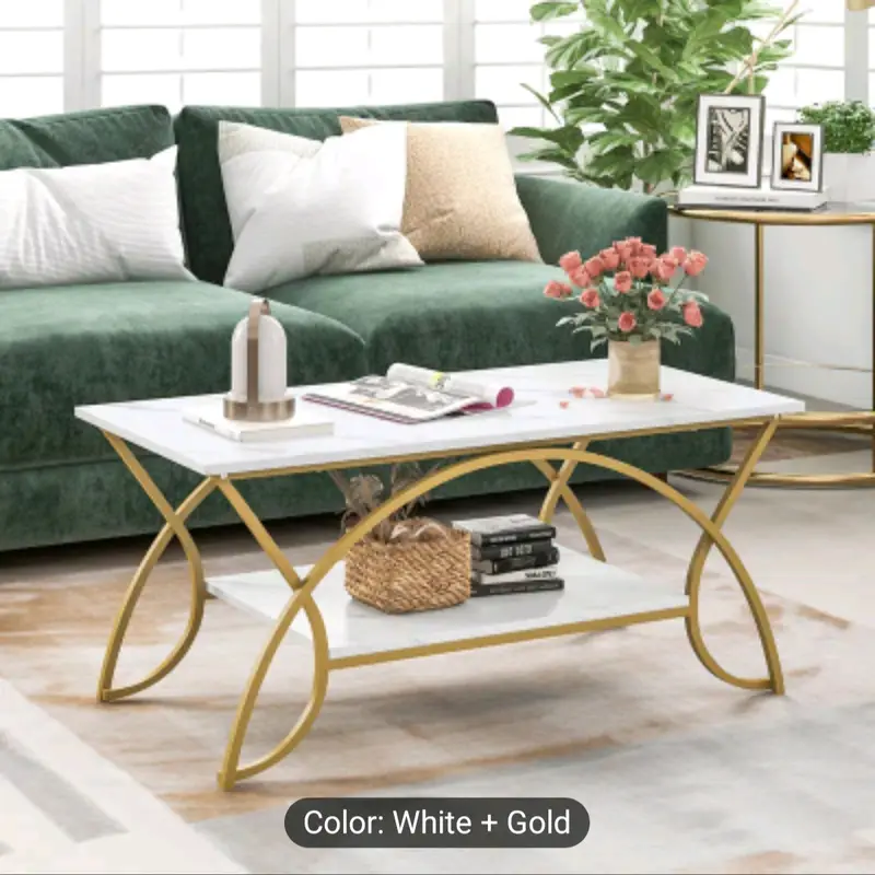 Modern Faux Marble Coffee Table, 2-Tier Rectangular Accent Table with Gold Finished Metal Frame, Chic Cocktail Table with Storage Shelf, Snack End Table for Living Room & Lounge 7
