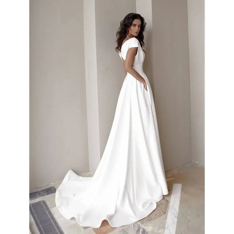 Prom Maxi Dress for Women Wedding Party Cloth V-neck Solid Backless Short Sleeve Mopping Long Skirt Vestidos Woman White Dresses 3