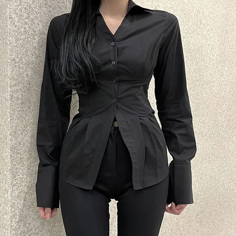 MEXZT Y2K Women Slim Blouses Office Lady Fashion Long Sleeve Folds Chic Shirt Vintage Streetwear Korean Sexy Skinny Casual Tops 7