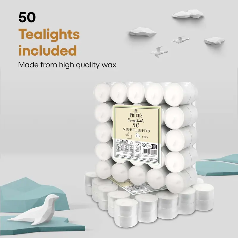50 Pack 8 Hour Tea Lights - Clean Vegan & Kosher Friendly, Long Burning & Unscented Tealights for Everyday Use - Ornaments, Decor 5