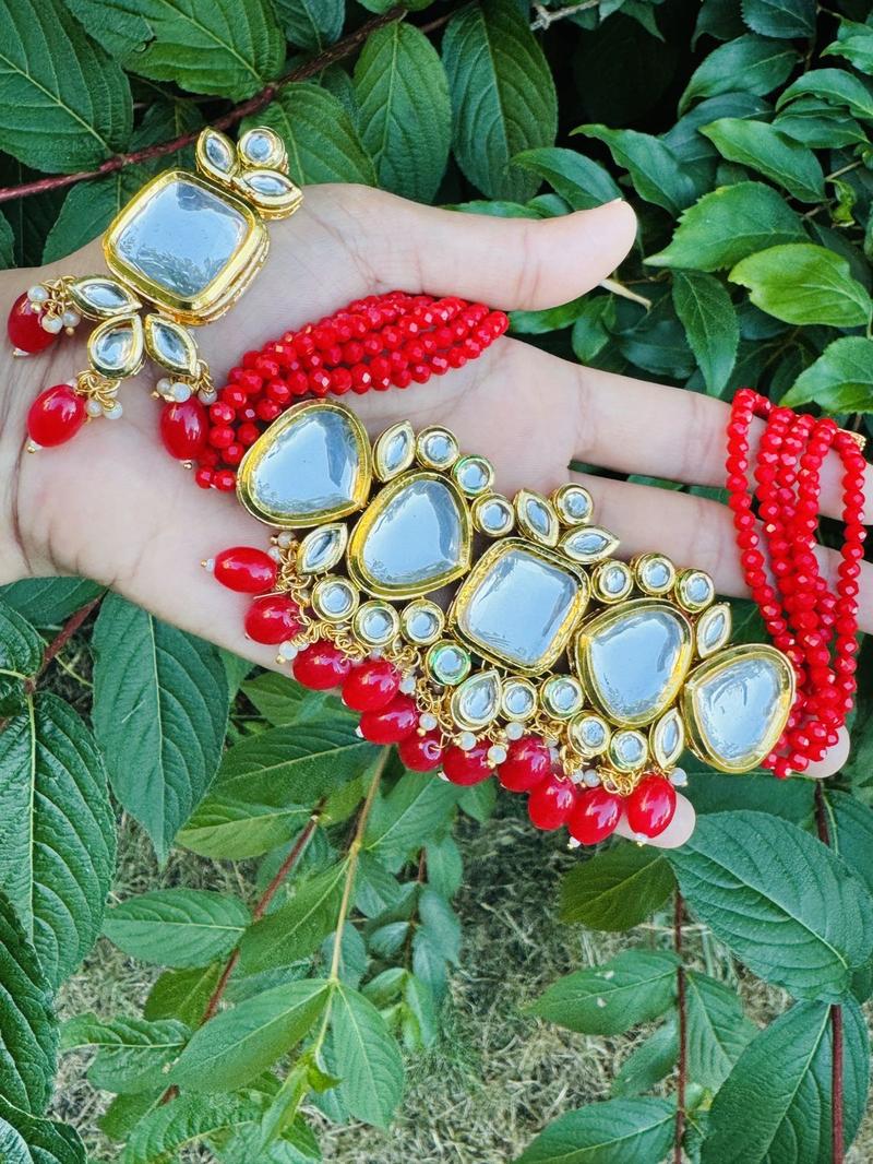 Product Introduction of Rakhi Red Kundan Choker Necklace Set. Auspicious Anniversary Female Engagement Metal Coating Fabric 1