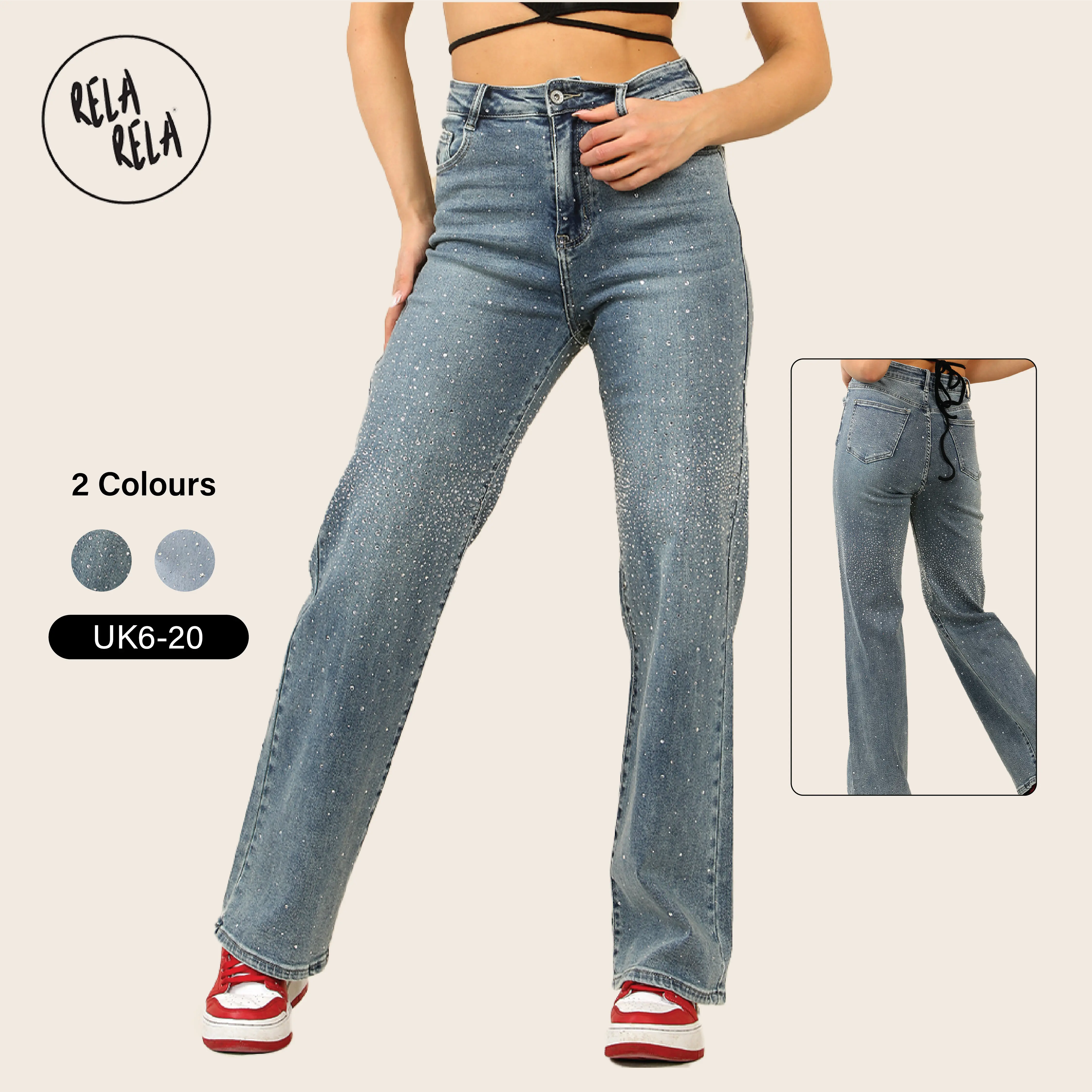 RELA RELA Women's Blue Viral Stretchy Mid-Waist Sparkle Rhinestone Scatter Detailed Wide Leg Jeans UK 6-20 Denim Womenswear