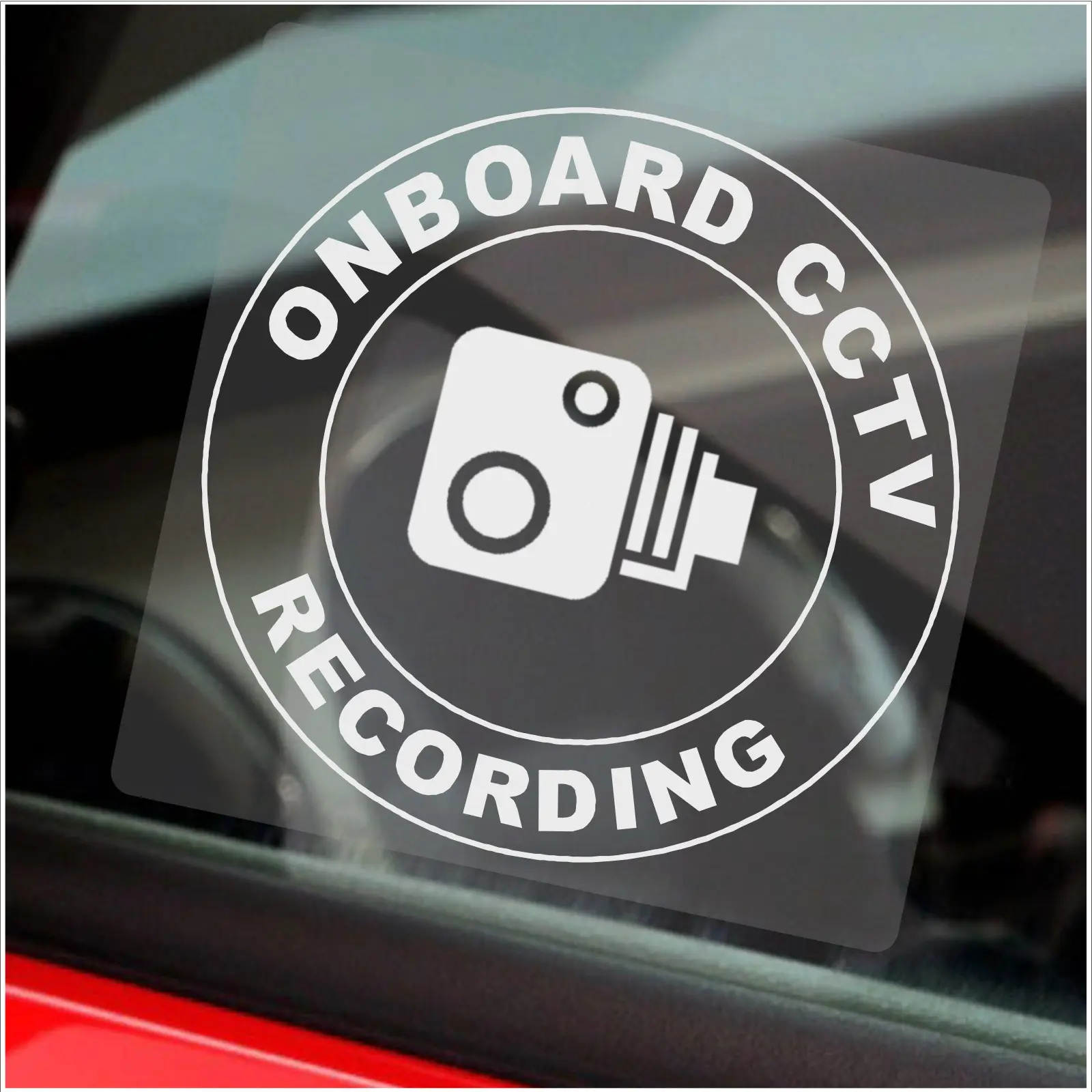 1 x Onboard CCTV Camera Recording Sticker WINDOW Security Sign Round Warning Dash Cam Car Taxi Go Pro Reverse Internal Label White on Clear 100x100mm VC1
