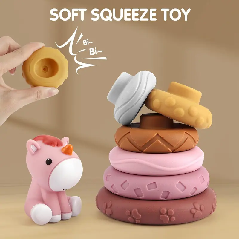 7 Pcs Stacking & Nesting Baby Toys, Squeeze Teething Baby Toys and Building Circle with Horse Figure, Early Educational Christmas Toy Gifts for 6 Months Baby Toddler Girls (Classic Edition) 2