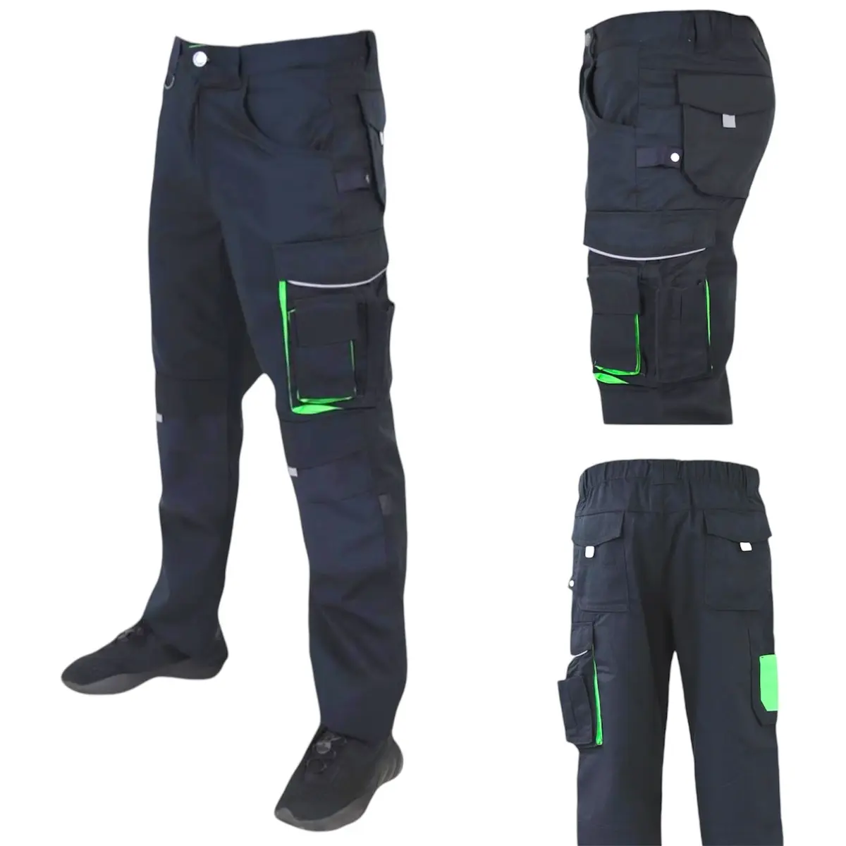 Mens Cargo Combat Work Trousers Elasticated Waist Knee Pads Pockets Heavy Duty Premium Black Pants Multi Pockets Pro Builder Trouser Menswear Work Trousers