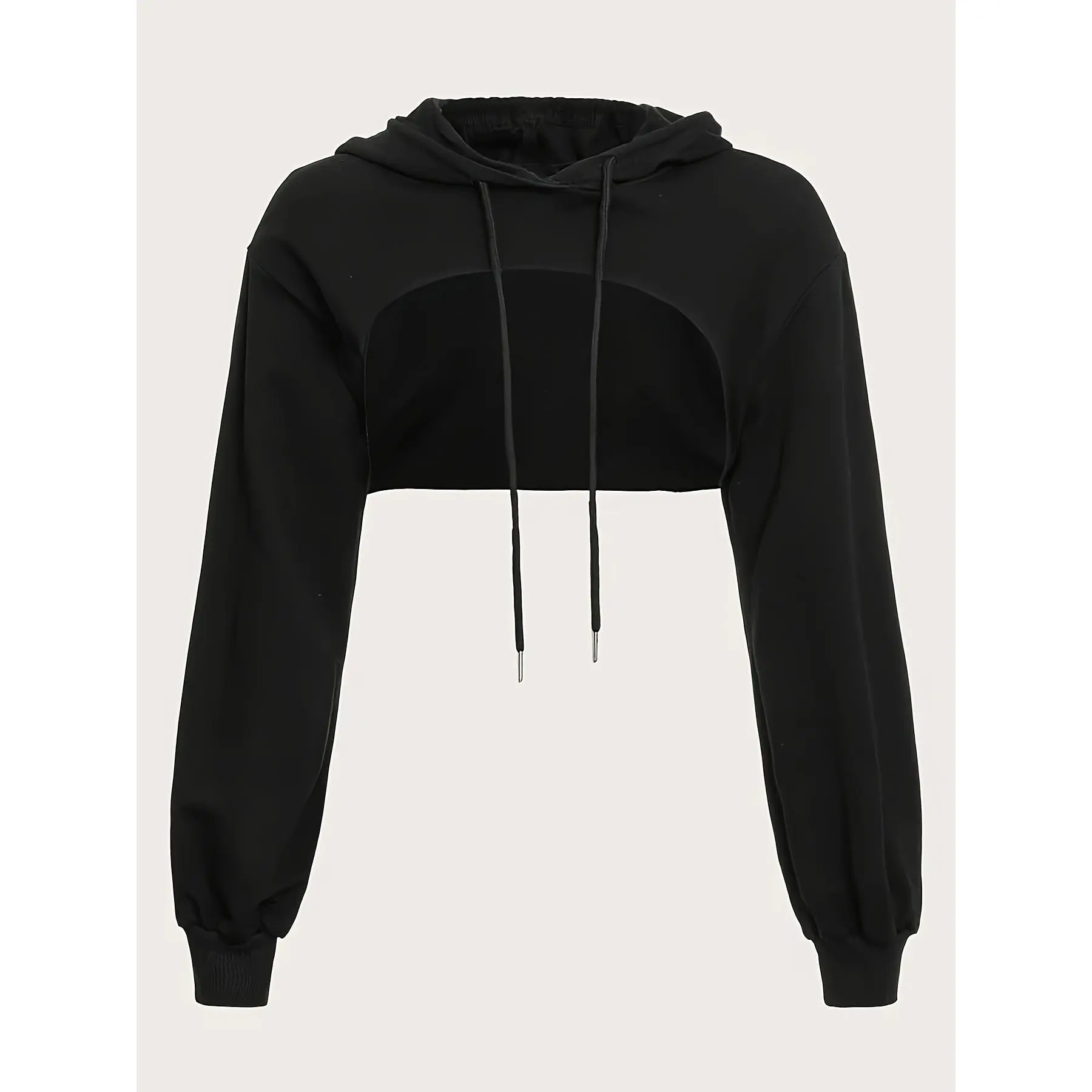Solid Color Drawstring Detail Hoodie, Elegant Long Sleeve Super Crop Hooded Sweatshirt, Women's Clothing