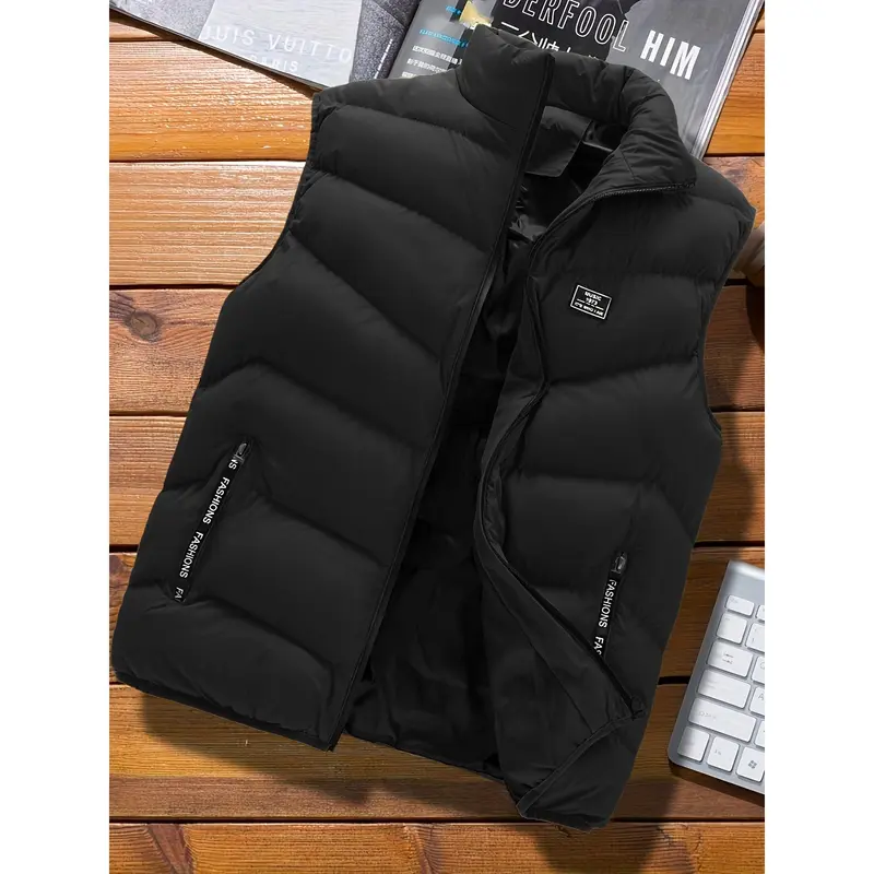 Warm Winter Vest, Men's Casual Zipper Pockets Stand Collar Zip Up Vest For Fall Winter 1