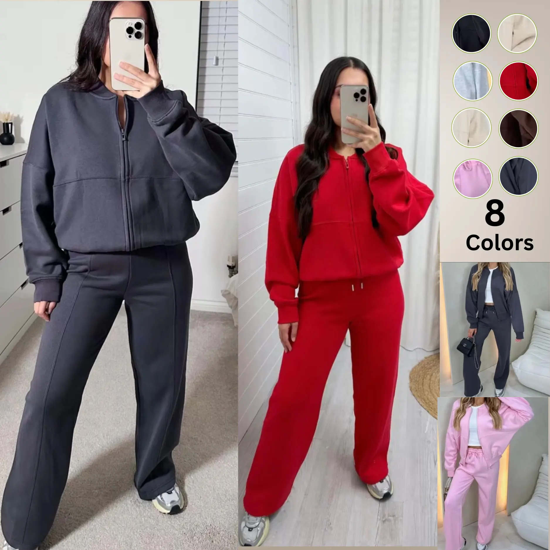 Women's  Zip Up Oversized Tracksuit Bomber Jacket Set Wide Leg Jogger Trouser Fleece Womenswear Zipper Style Basic Long Sleeve Commuter Airport outfit Pockets Sweatshirt Minimalist, Women's Everyday Wear