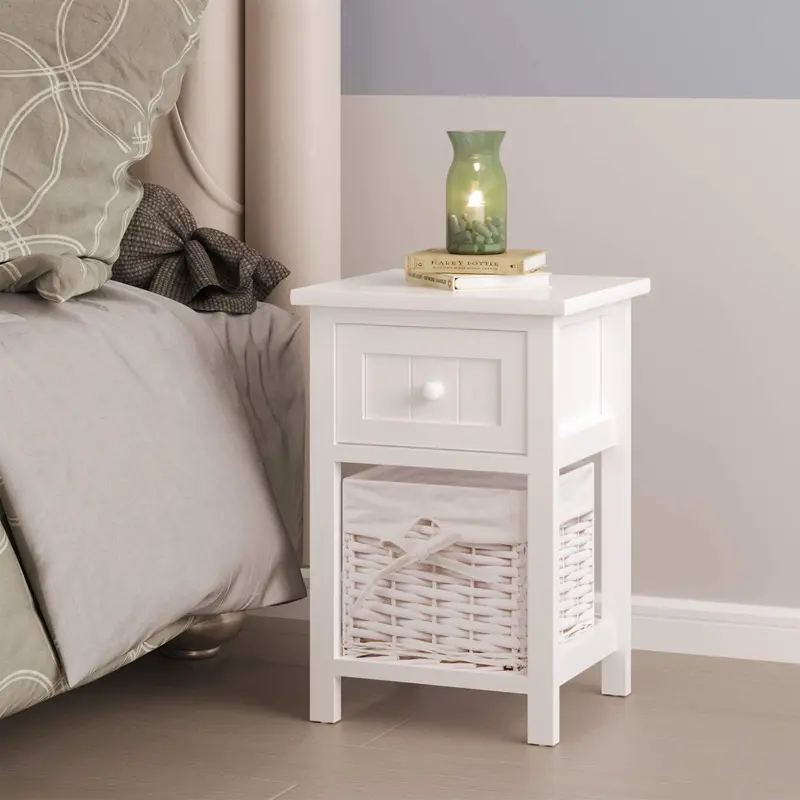 Joolihome Bedside Tables Set of 2,Bedside Cabinet,White 1 Drawer 1 Basket Nightstands for Bedroom,Living Room,Narrow Side Tables 5