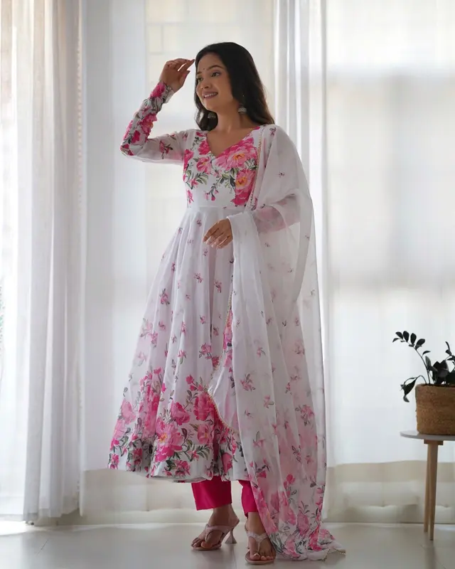White Pink Flower Organza Printed Anarkali Dress & Dupatta Set 5
