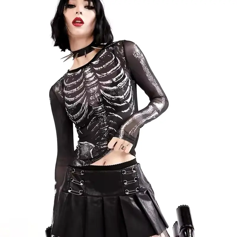 Gothic Punk Shirt 2000s Women Skeleton Pattern Round Neck Long Sleeve Crop Top Black Dark Academia Clothes y2k Tees Streetwear