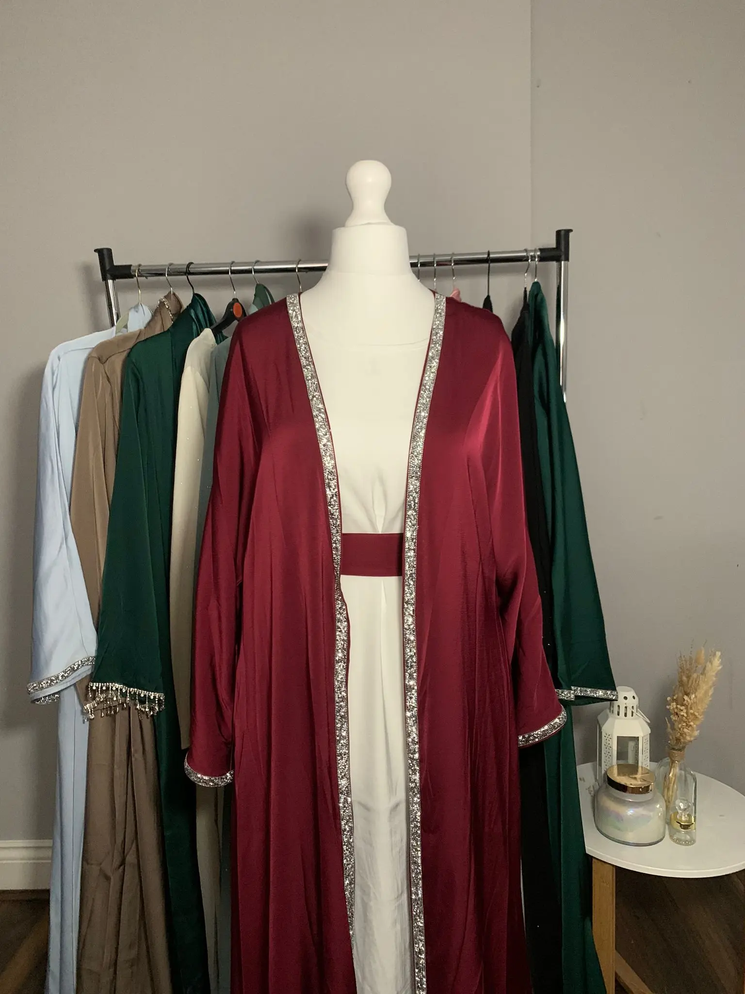 Crescent Modesty Layla Burgundy Open Abaya Set with Inner Abaya and Belt (3 PIECES)- Modest Fashion, Available in 52 - 60, Muslim Fashion Islamic Clothing