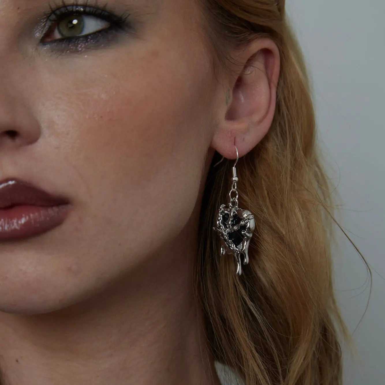 Silver Black Resin Melting Heart Charm Earrings