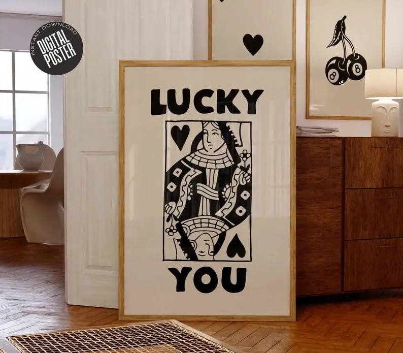 Trendy Retro Wall Art Set Lucky You Poster, Trendy Aesthetic Print, Queen of Hearts Wall Art, Ace Card Print, Trendy Queen Funky Poster