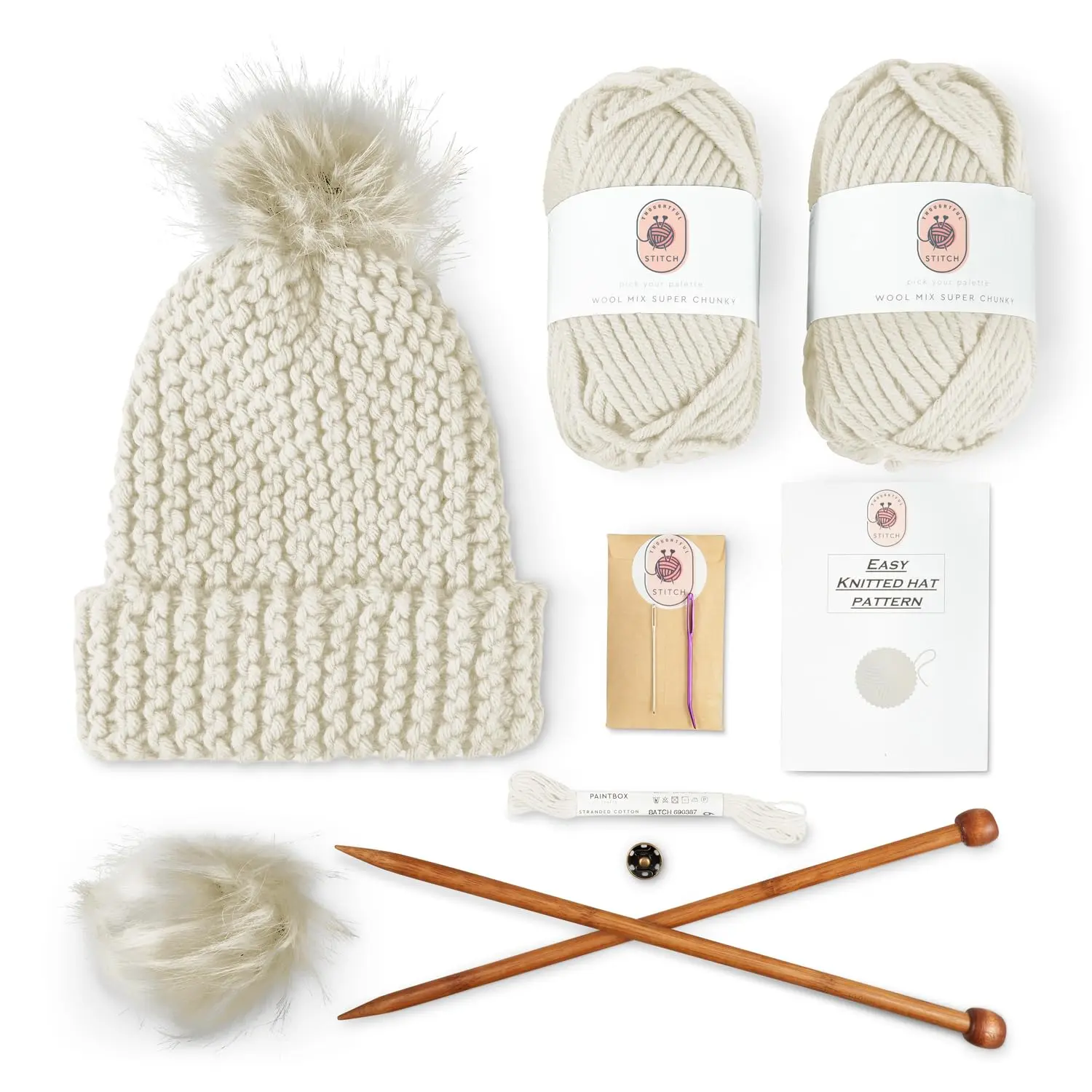 Knitting Kits For Beginners Adults – Practical & Easy To Use Hat Knitting Kit With Yarn, Bamboo Knitting Needles, Faux Pom Pom – Complete Beginners Knitting Kit – Lovely Present For Women and Men