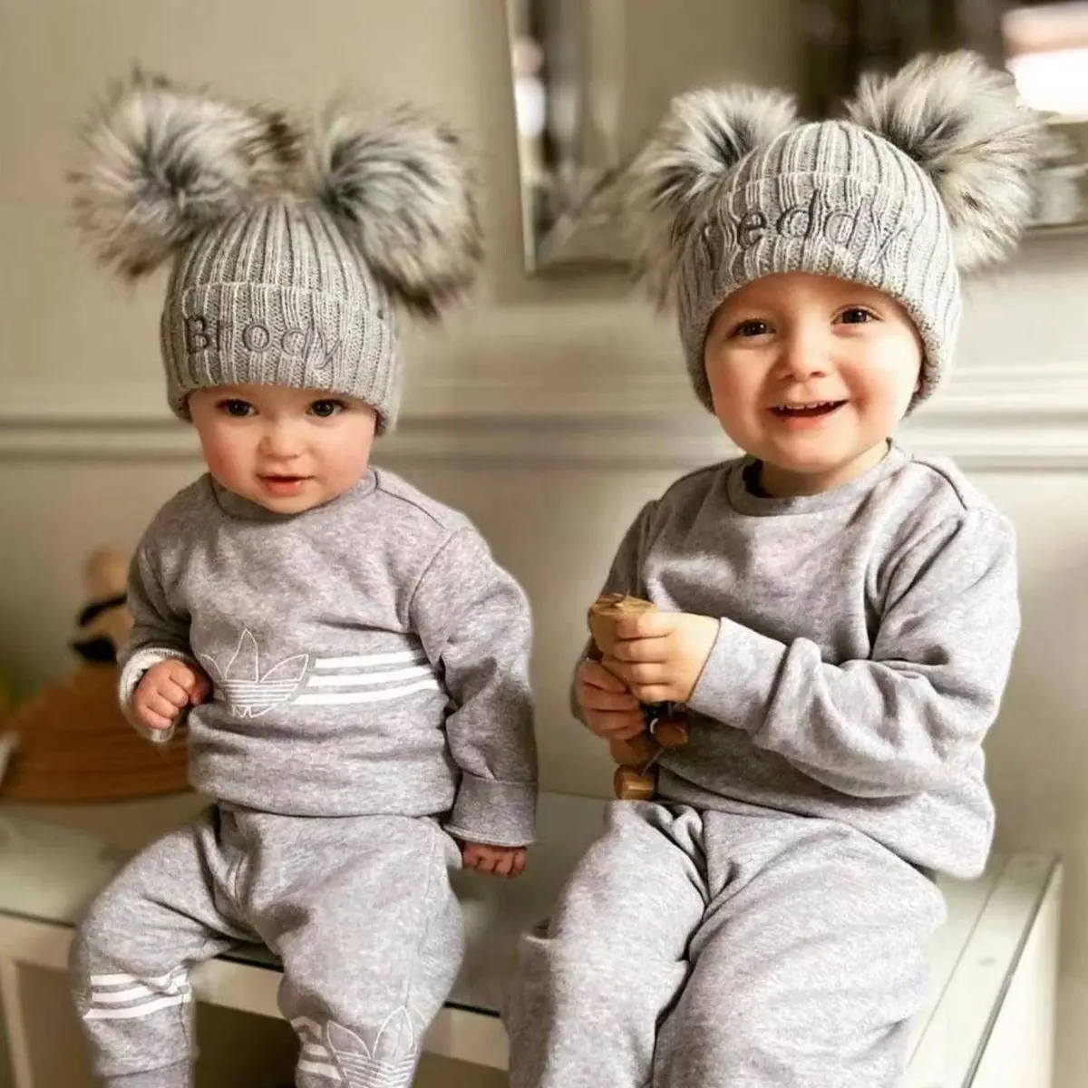 Personalised Grey Knitted Pom Hat for Babies Kids Adults- Super Soft Knit and Cute Faux Fur Pom Pom - Free Personalisation for New Baby, Baby Shower, Christmas and Birthdays