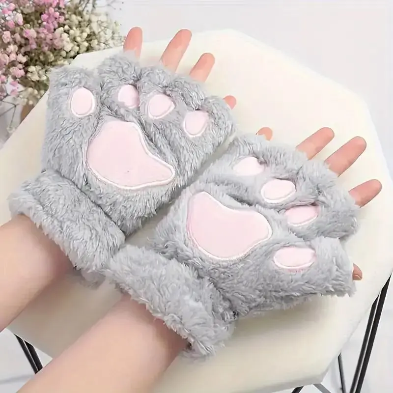 Cozy Plush Half Finger Gloves with Cat Claw Design, Soft and Warm Winter Gloves for Women 0