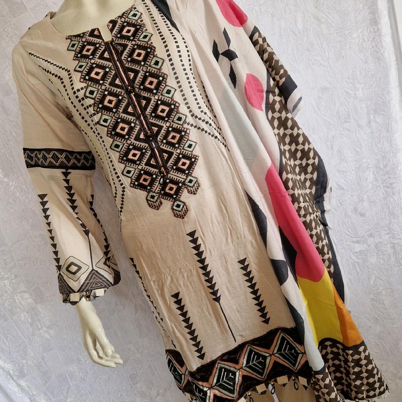 Gorgeous 3 Piece Summer Lawn Suit with Embroidery Work and Embellishments with Chiffon Dupatta by Soni Dresses  Traditional Womenswear Pakistani Desi Fashion 2