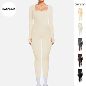 KatchMe Women's Sport Solid Color Seamless Long Sleeve Shaping Yoga Jumpsuit,Plain Thumb Holes Tummy Control & Butt-Lifting Shapewear,Basic Womenswear