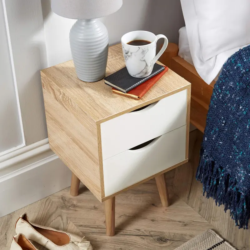 Big Furniture Warehouse Bedside Cabinet 2 Drawer Oak White Lamp Side Table Solid Wood Legs Scandi Style 4