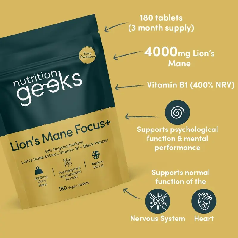 Lion’s Mane Supplement 4000mg with Vitamin B1 & Black Pepper | 180 Vegan Tablets | 15:1 Extract | UK Made for Mental Performance & Nervous System Support 1