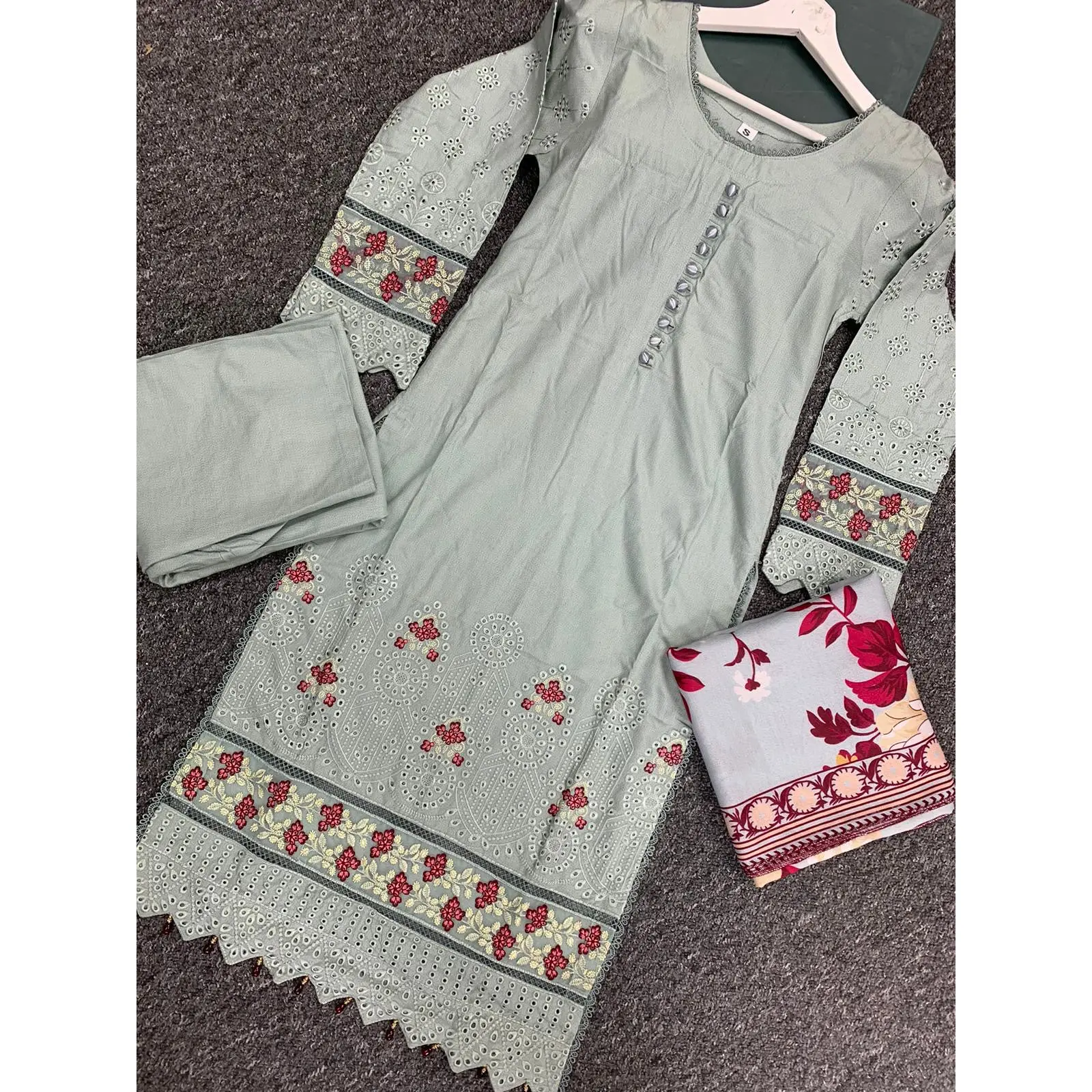 S Creations ‘Kaia’ | Embroidered Dhanak Readymade | SC152 (Mint)
