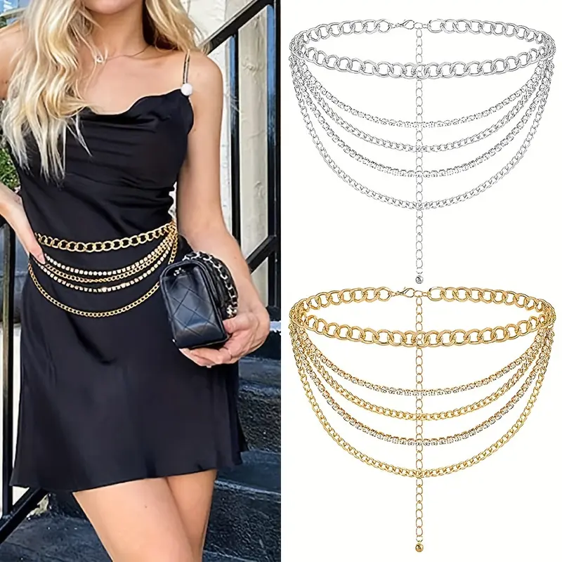 Chic Multi-Layer Rhinestone Tassel Waist Chain - Versatile Metal Body Jewelry for Women, Perfect for Casual Outings to Weddings & Parties, Geometric, Claw Chain 0