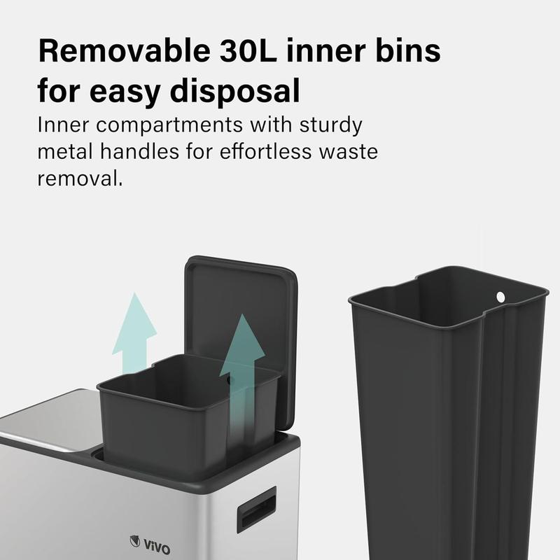 60L Dual Stainless Steel Double Bucket Trash Recycling Rubbish Pedal Bin Bags 4