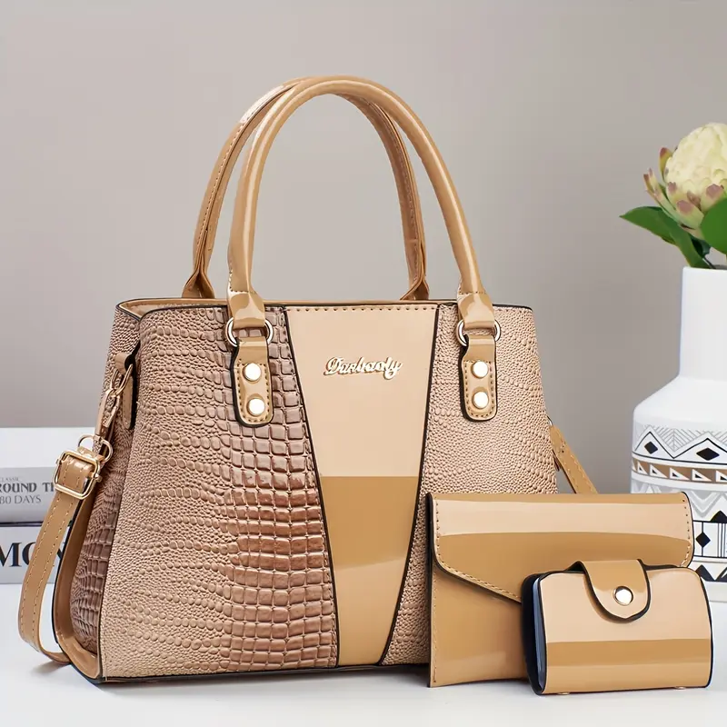 3pcs PU handbag, elegant and fashionable handbag with coin purse and card holder, multi-functional and large-capacity messenger bag, fashion design, new crocodile pattern bag, ladies' one-shoulder diagonal handbag. 1