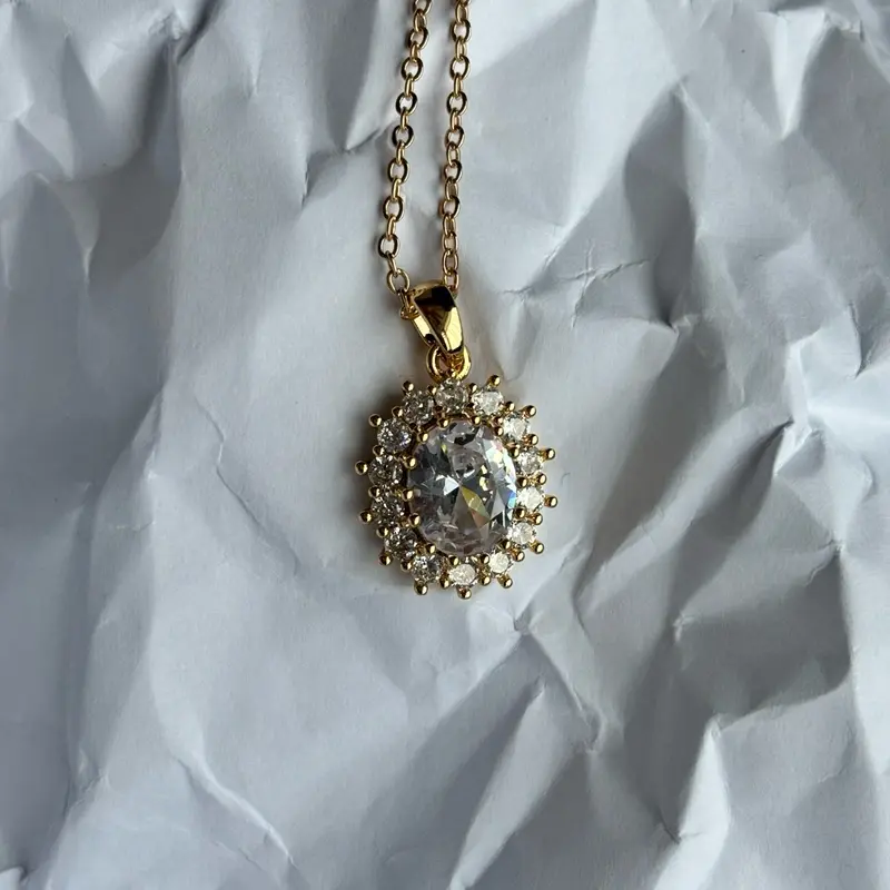 Gold-Plated Necklace with Purple Stone and White Stones - Floral Halo Design 4
