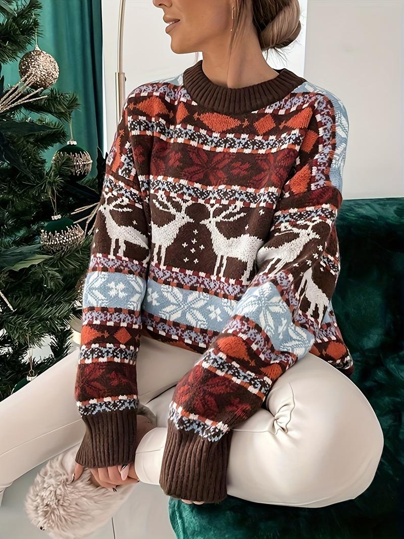 Product Introduction of Plus Size Christmas Deer Pattern Knitted Sweater, Casual Crew Neck Long Sleeve Pullover Sweater, Women's Plus Size Clothing 0