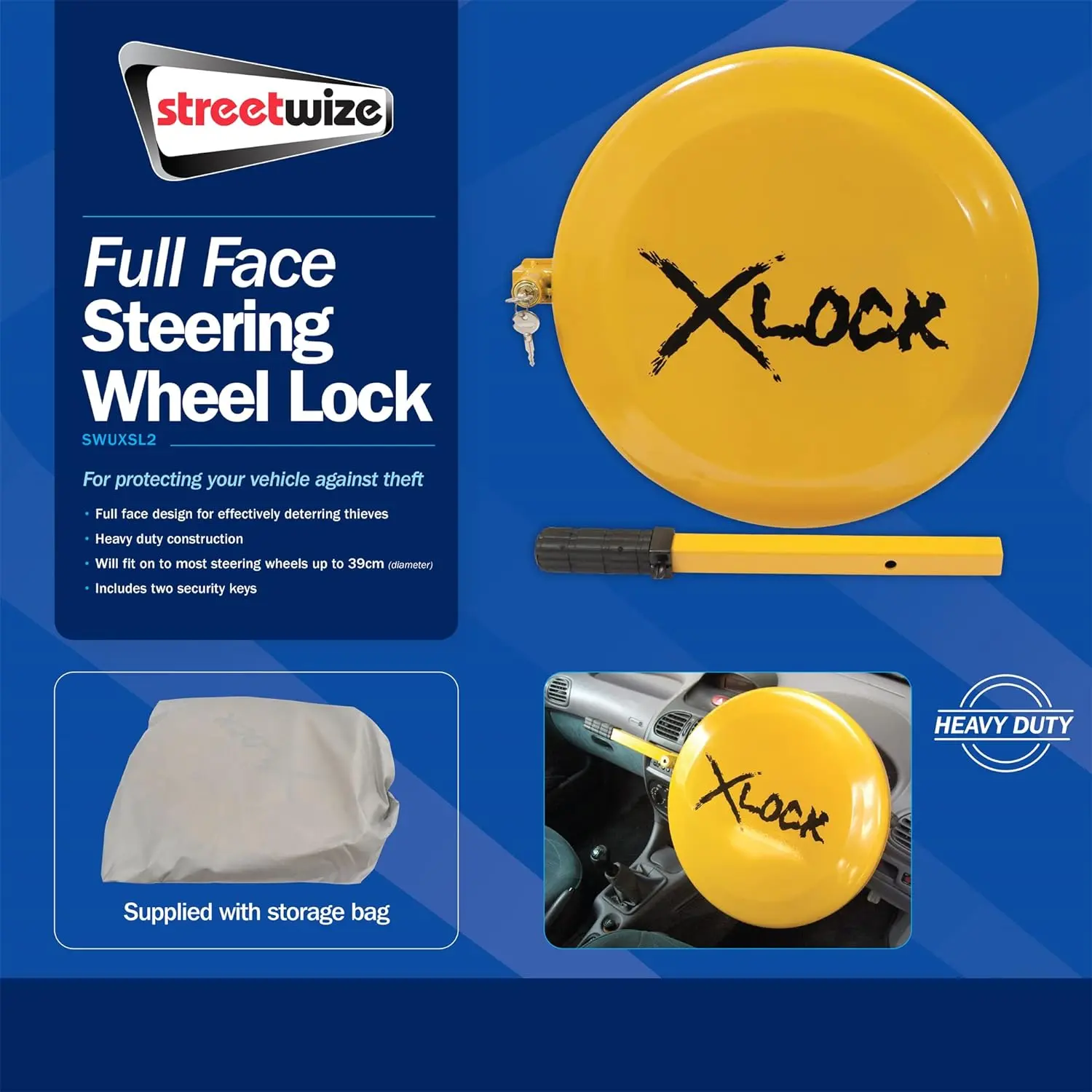 Streetwize Urban X Steering Wheel Lock Full Face Disk Yellow Security Anti Theft