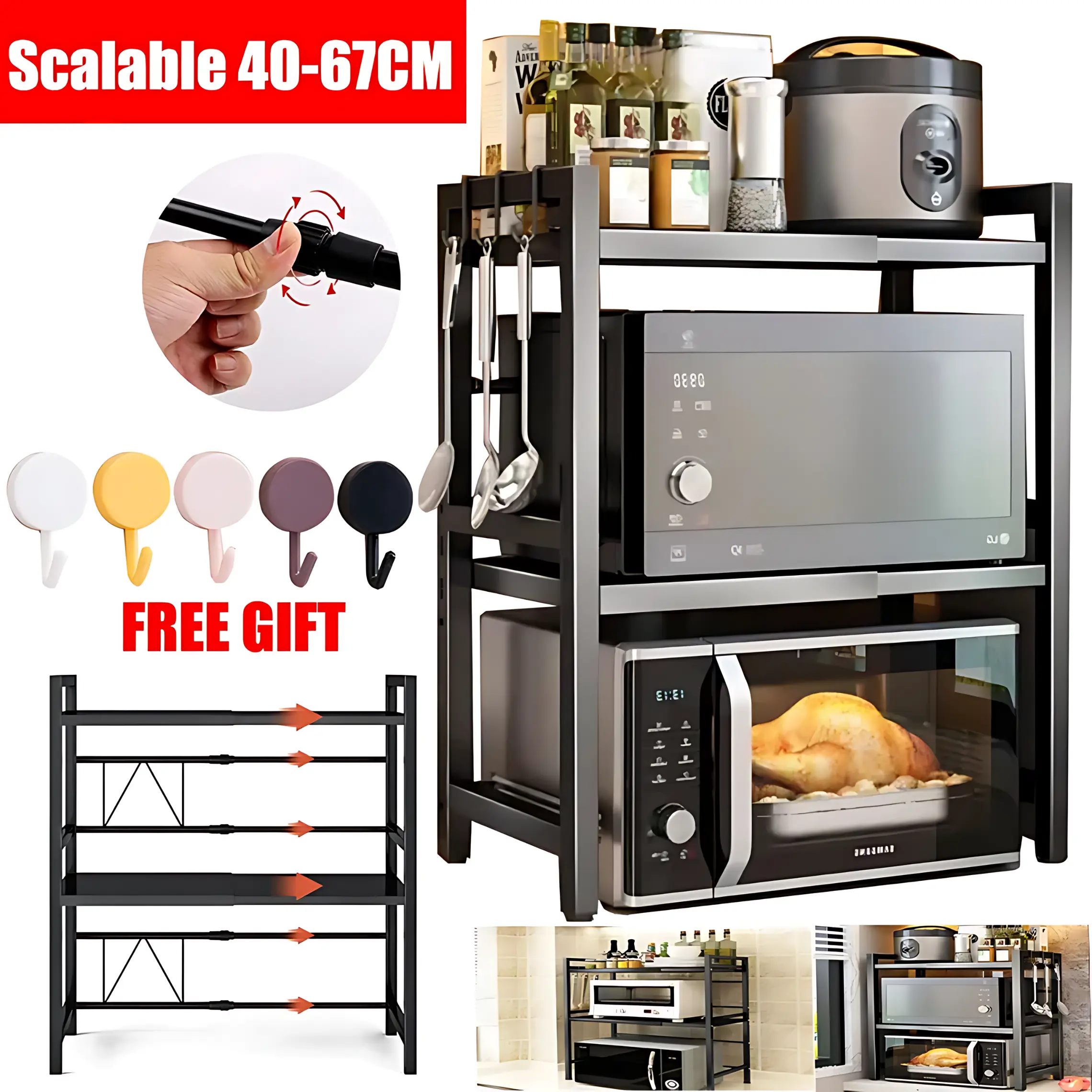 3 Tier Microwave Oven Rack Expandable Shelf Storage Adjustable Organizer Stand Utensil Holder Counter Shelf and Organizer Kitchen