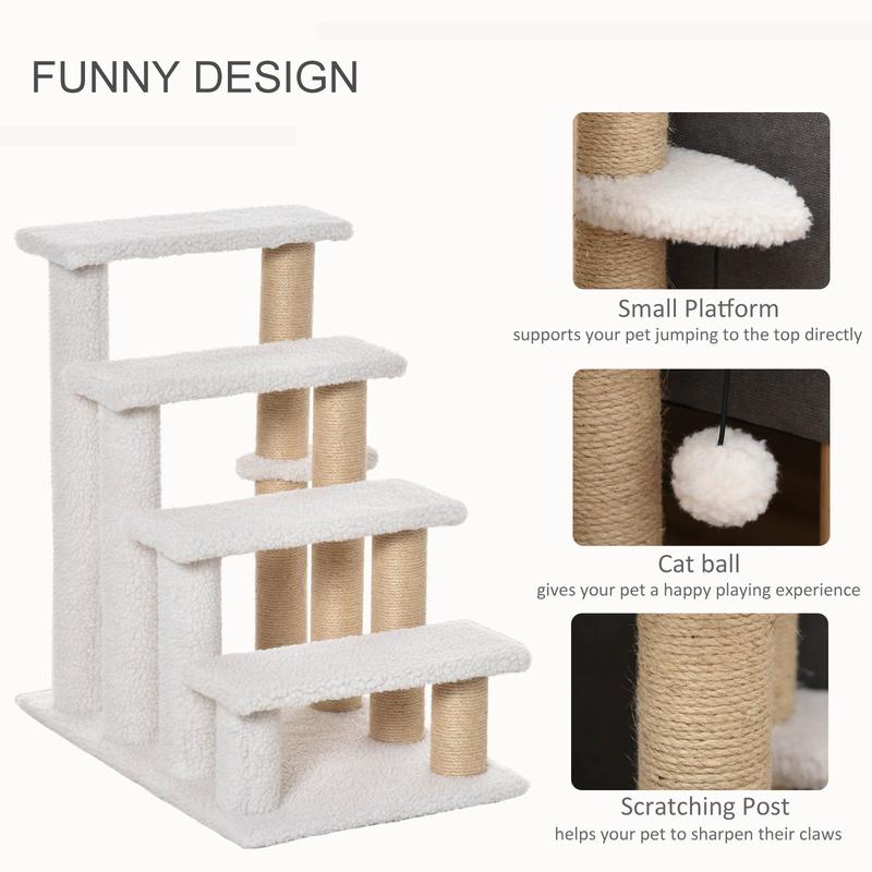 PawHut Pet Stair with 4-step Climb Ladder, Scratching Posts, Platforms, Toy Ball, for Indoor Elderly Cats Kittens, White 4
