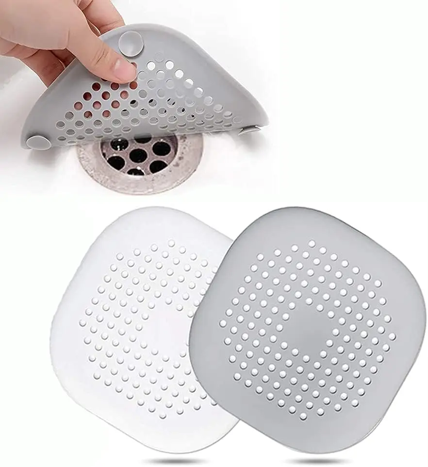 2 Pcs silicone drain protector with sucker, sink strainer protector, shower drain covers, and hair catchers to prevent clogs and buildup. Set