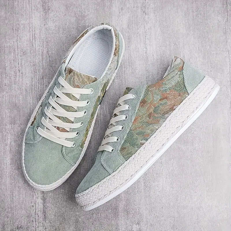 Men's Breathable Canvas Sneakers - Casual Floral Print, Lace-Up Shoes for Casual Attire, Spring/Summer Collection