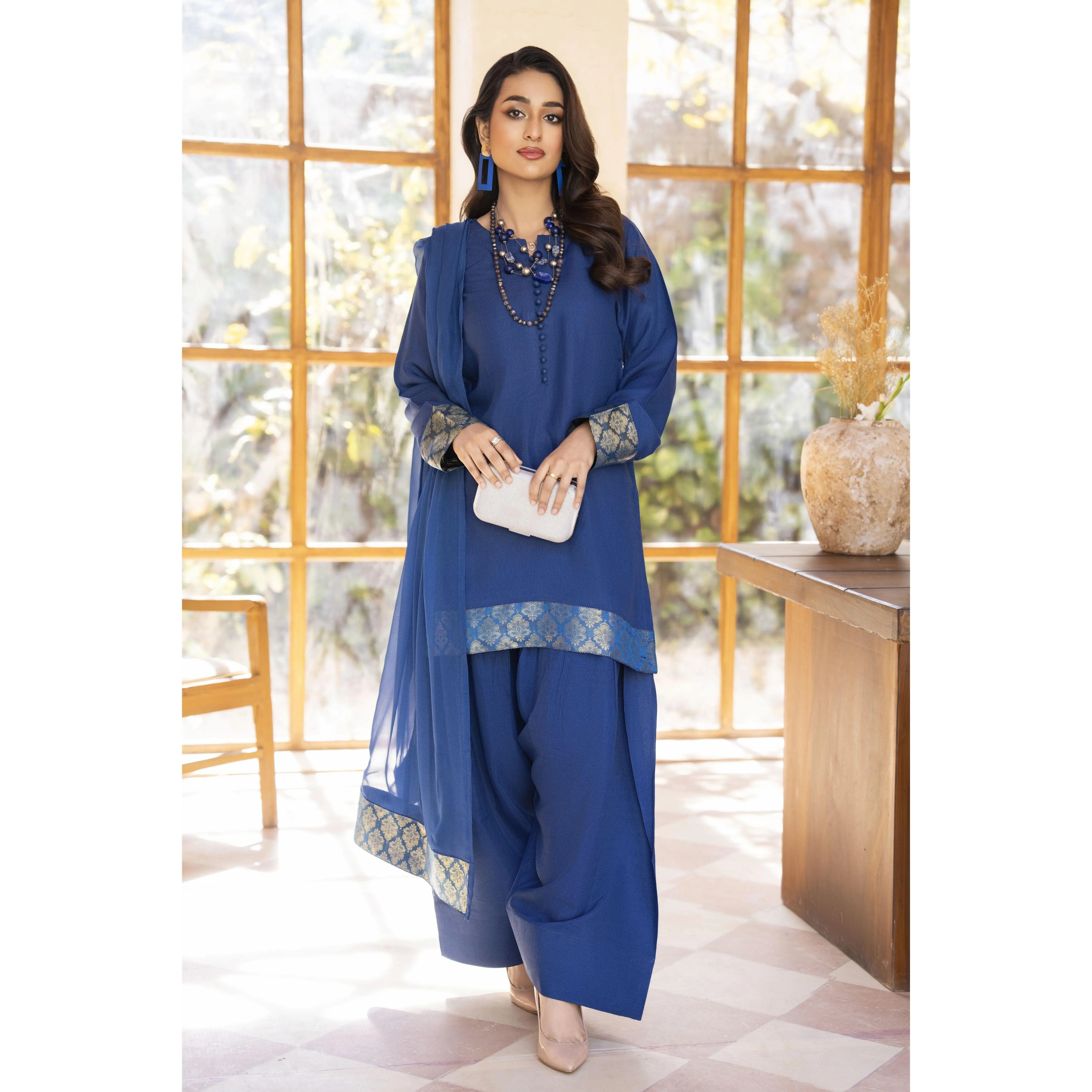 Blue Raw Silk Ready to Wear 3 Pcs Farshi Shalwar Dress