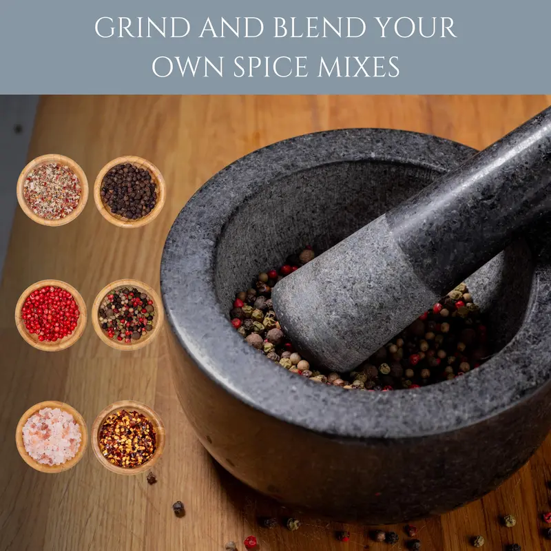 Homiu Granite Stone Pestle And Mortar Set - Large 16cm Diameter For Spice Herb Seed Crushing - Premium Kitchenware Utensils Bowl Grinding Reusable 6