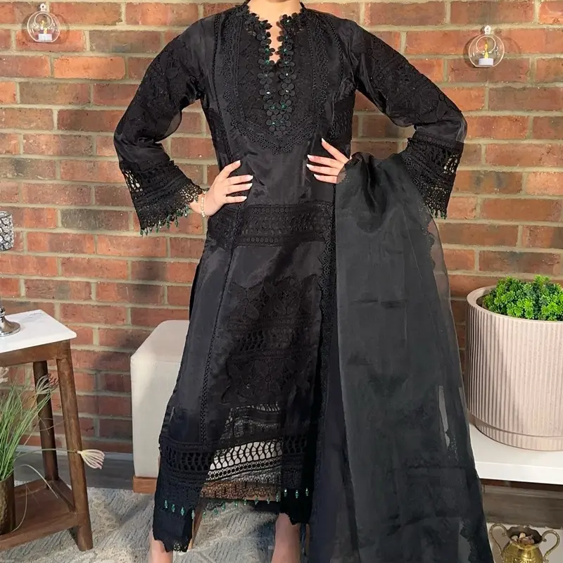 BLACK FRIDAY SPECIAL - BLACK ORGANZA HEAVY CROCHET AND LACE DETAILED 4PC WITH GREEN CRYSTAL DETAILING, FORMAL WOMENSWEAR LONG HEAVY DUPATTA, CAPRI TROUSERS WITH LONG ORGANZA KAMEEZ and a FULL SLEEVES LINING Traditional Outfit Comfortable Womenswear Dress 4