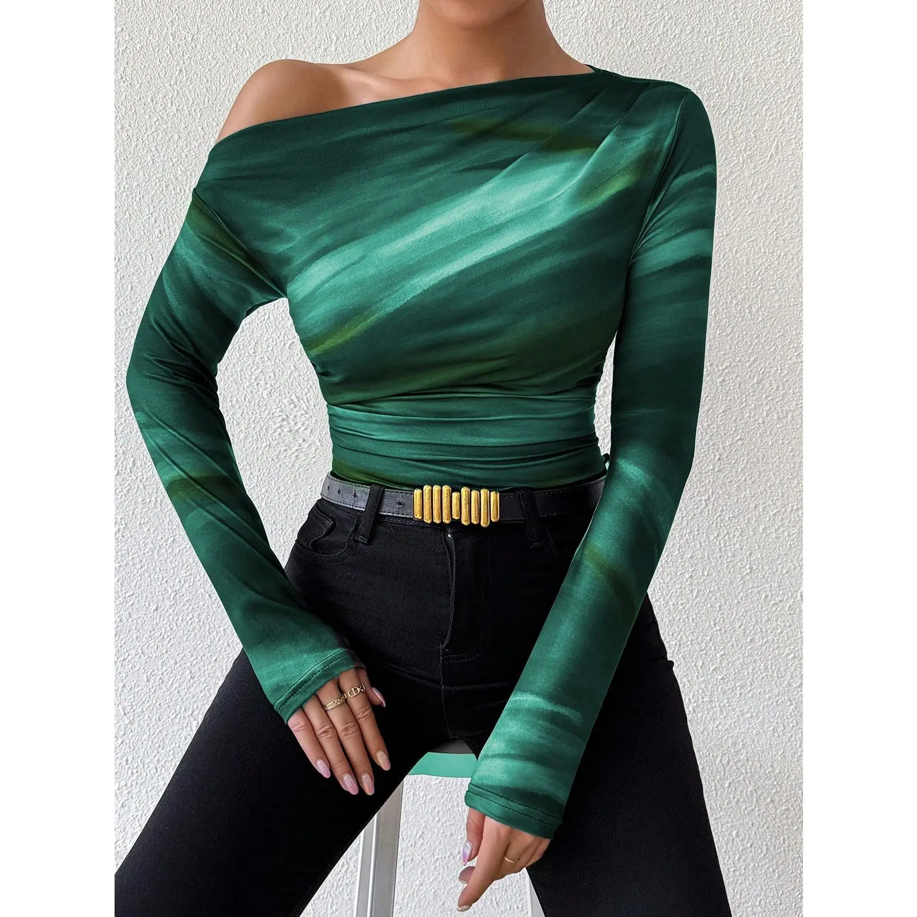 Raffinéa Marble Ombre Print Asymmetric Ruched Long Sleeve Top For Spring Outfit
