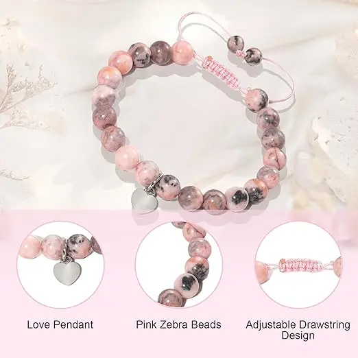 Anxiety Bracelet, Natural Stone Healing Bracelet Ajustable Drawstring Gemstone Beads Bracelet Pink Zebra Bracelet with Heart Charm Message Card for Women Teen Girls Christmas Birthday Gifts 1