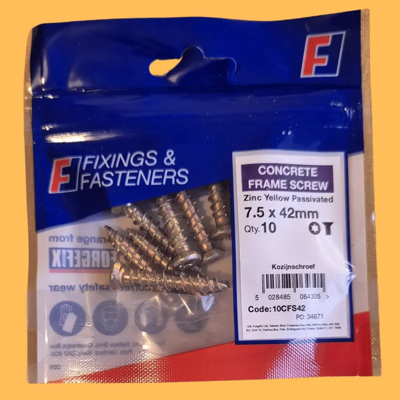 Concrete Frame Screws 7.5x42mm | 10 Pack | Self-Tapping Masonry Fixings - Zinc Yellow Passivated anti theft 2