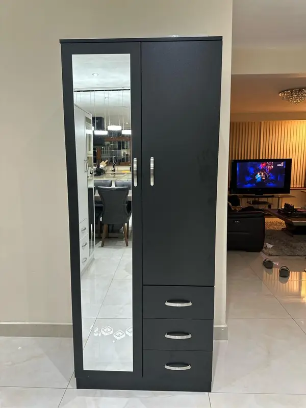 PALAKLOT 2 Door 3 Drawer Full-length Mirror Wardrobe | Modular Cabinet for Space Saving | Ideal Storage Organizer (Black) 6