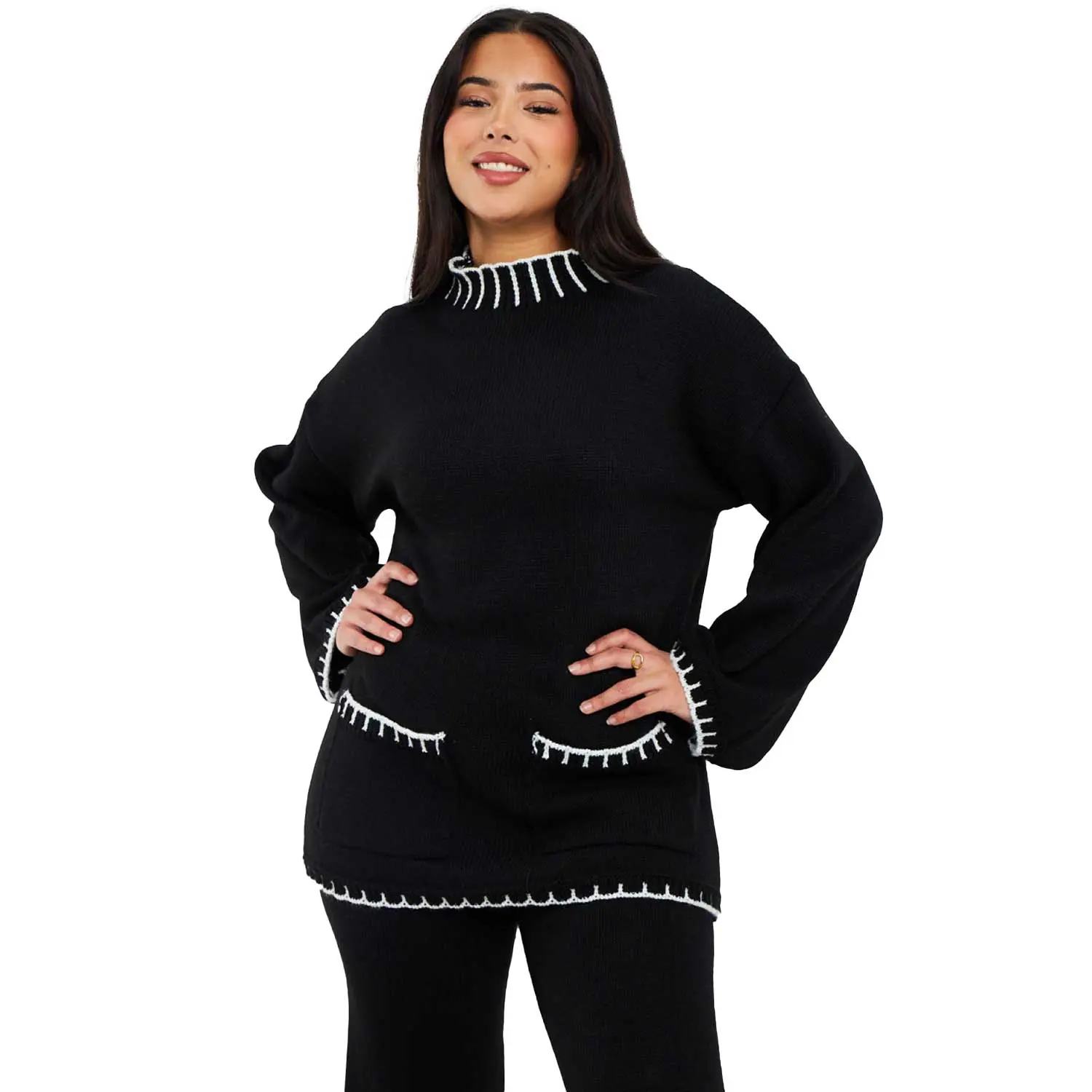 Women's Pocket knitted Piping Co-Ord Set Long Sleeve Casual gyatt bodysuit Spring Womenswear